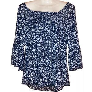 Joie De Vivre Womens Blue Peasant Boho Size 2x Blouse Off Shoulder 3/4 Bell Slv